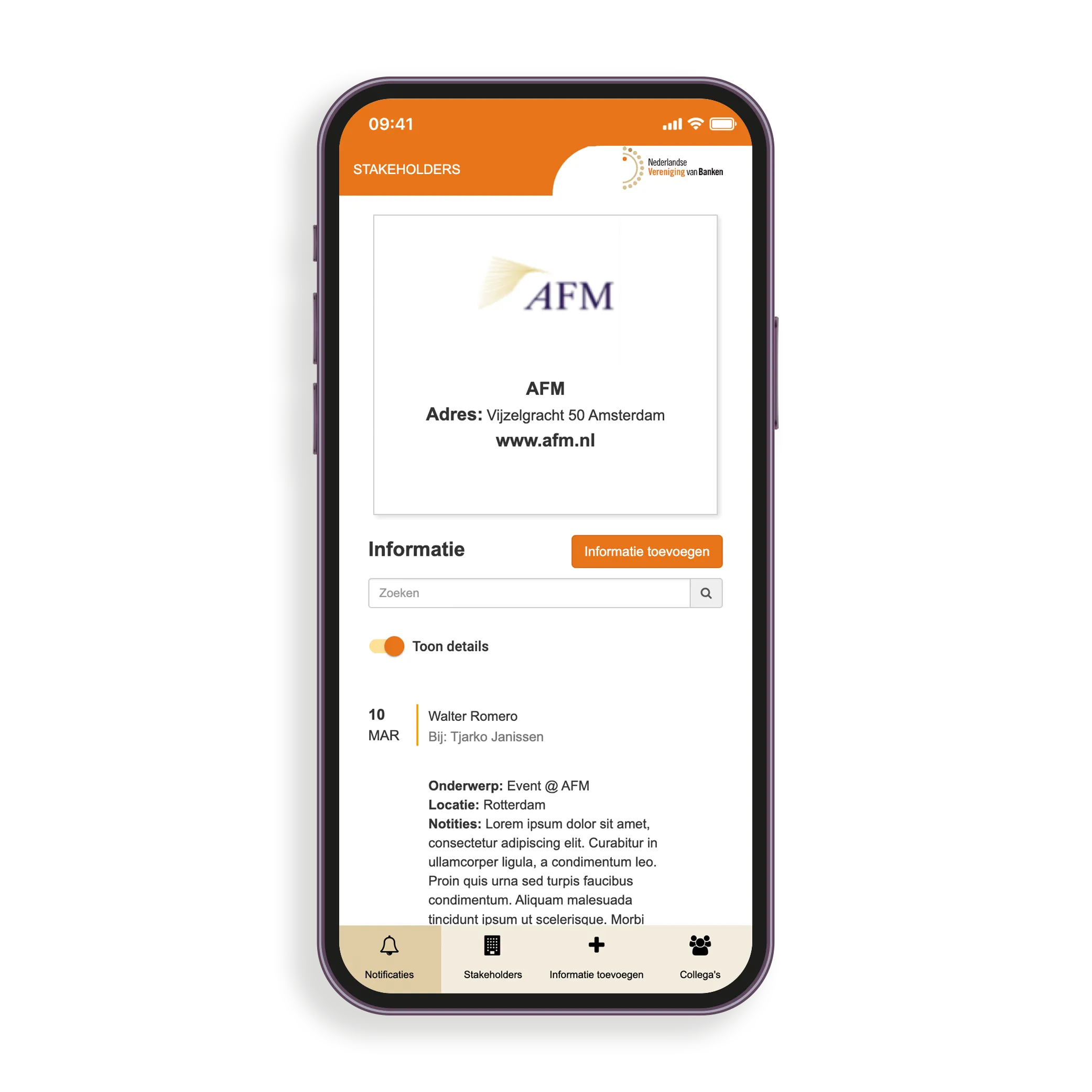 NVB Stakeholders app — stakeholder overzicht